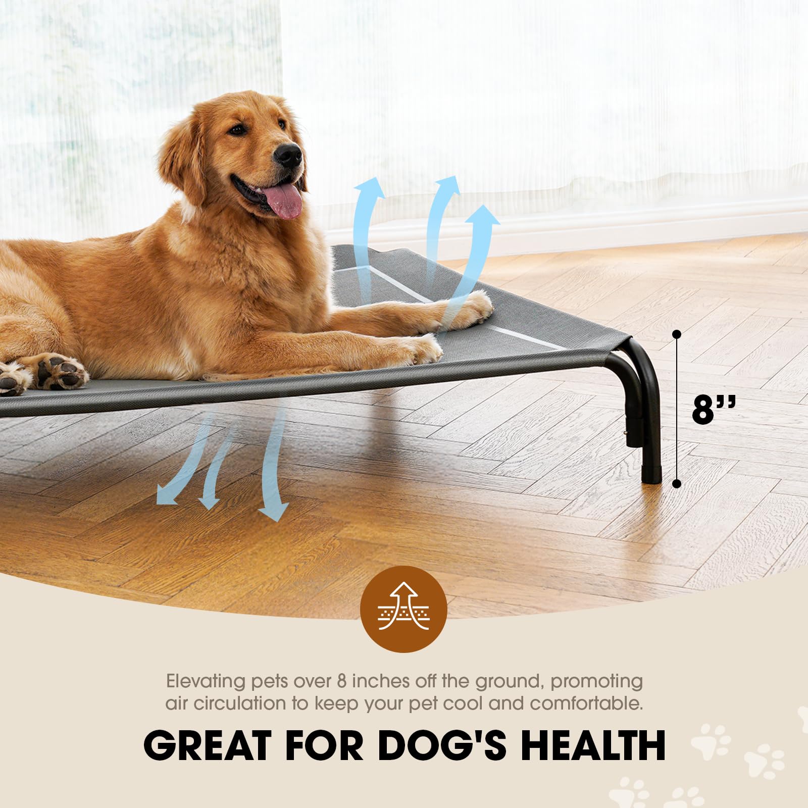 Czpalo elevated dog bed outdoors in garden, cooling comfort on warm days.
