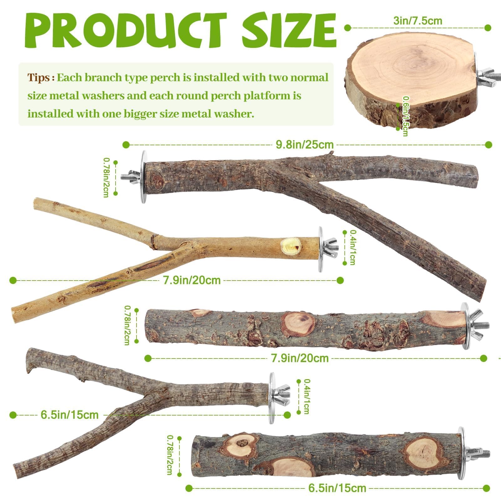 CZWESTC small branch perch (6in) encourages secure gripping and gentle exercise.