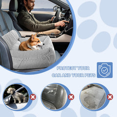 Daitore booster with clip-on leash secures small dogs in transit.