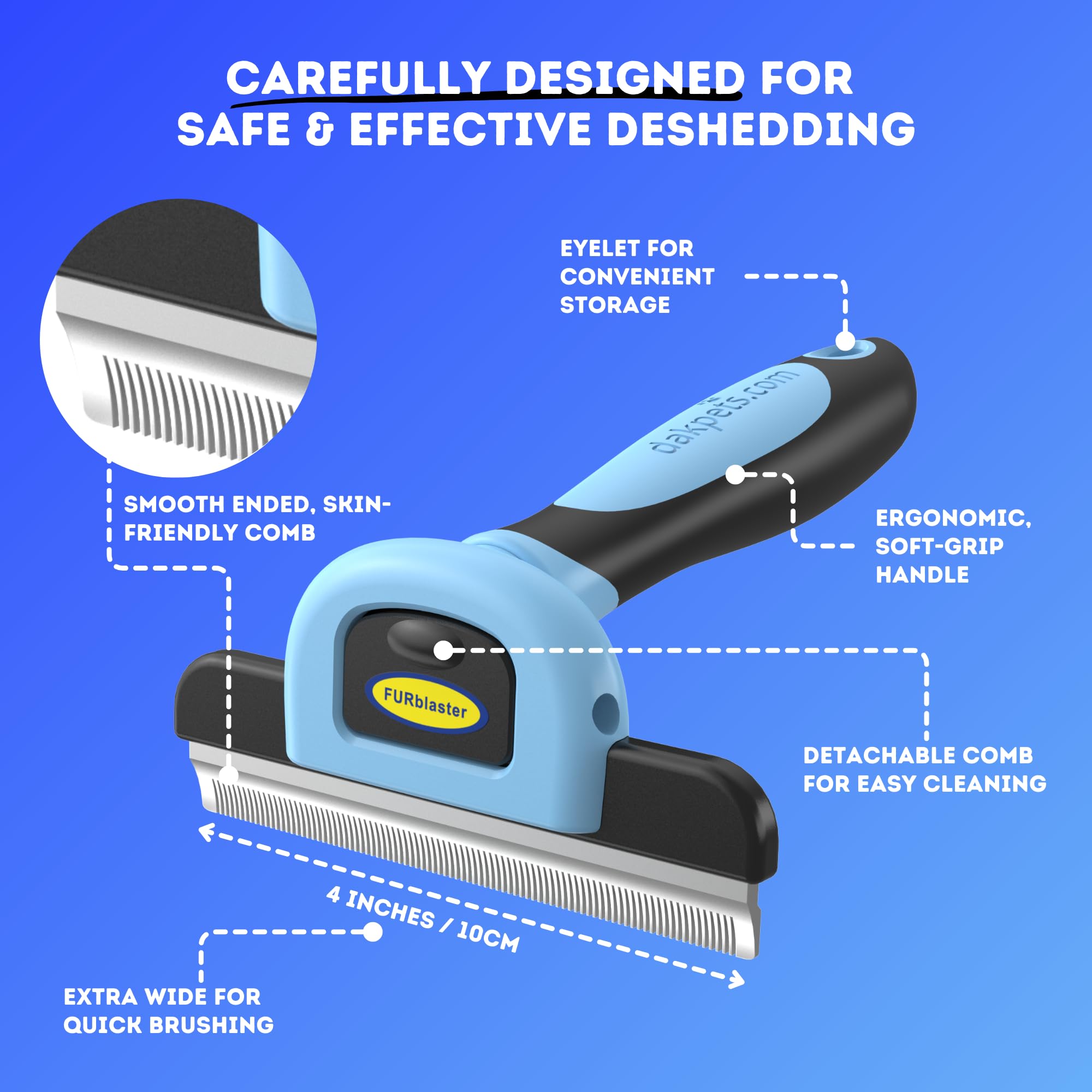 Ergonomic DakPets deshedding tool handle grip for comfortable grooming sessions.