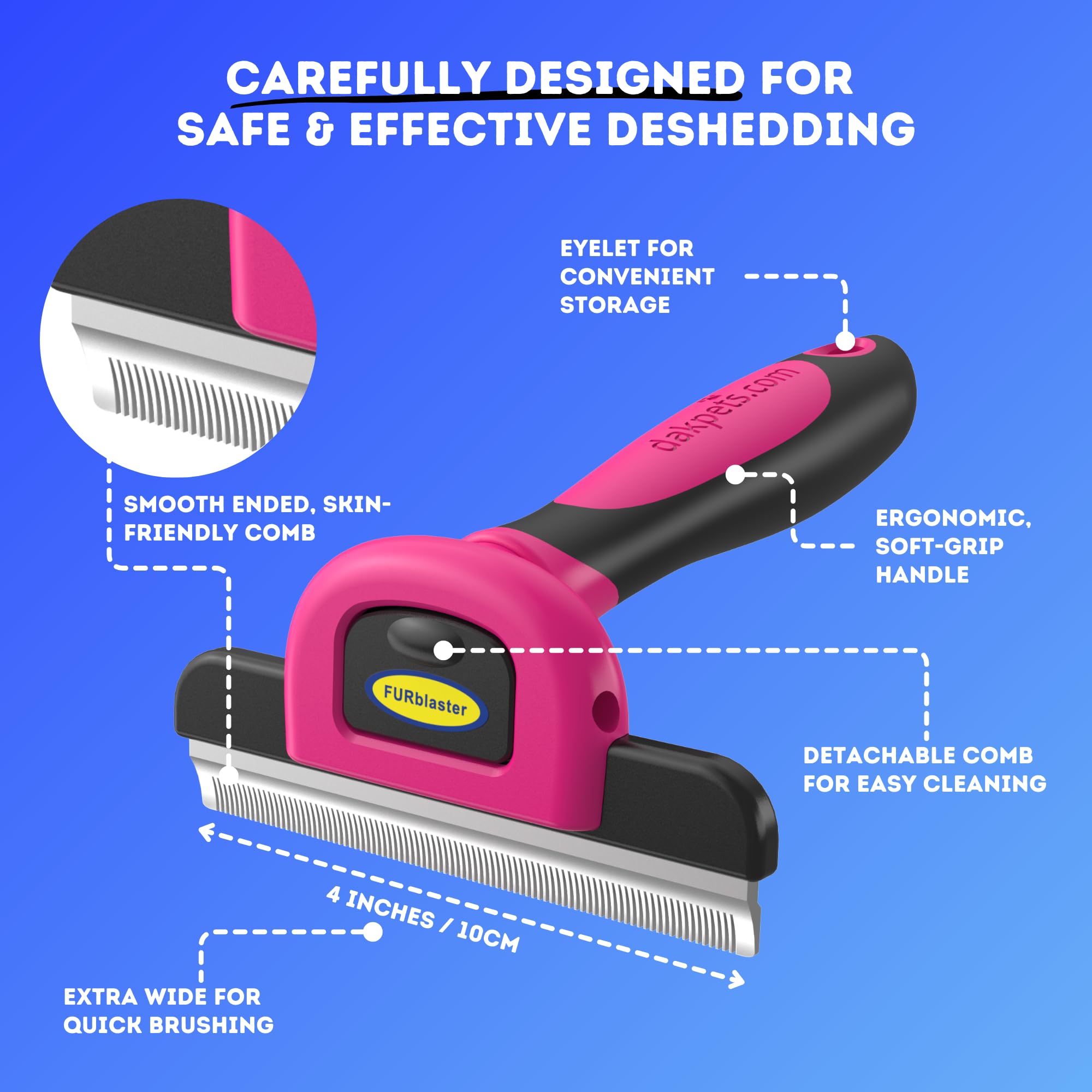 DakPets detachable comb for easy cleaning and hard-to-reach areas.