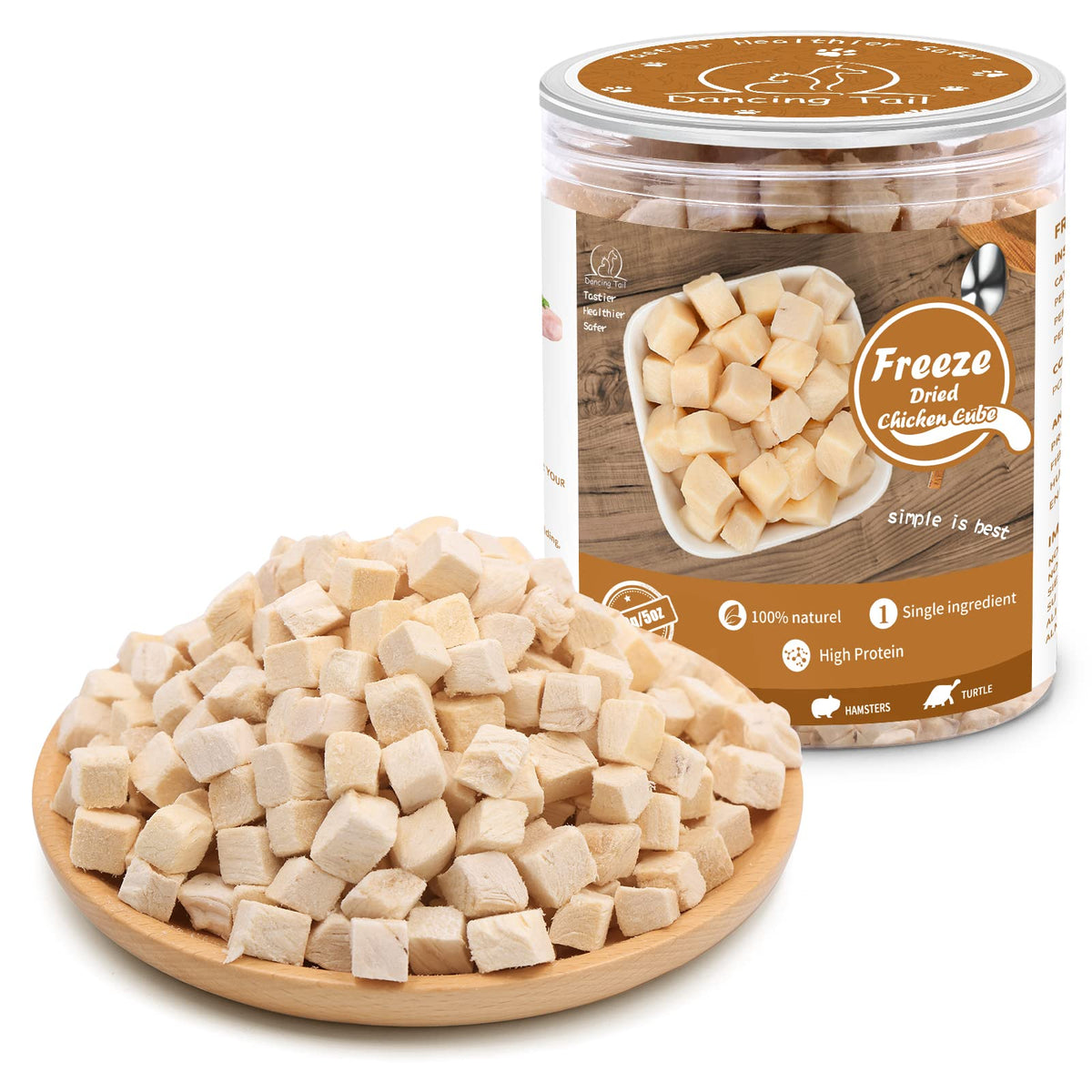 Dancing Tail freeze-dried chicken cubes close-up, showcasing premium protein for pets.