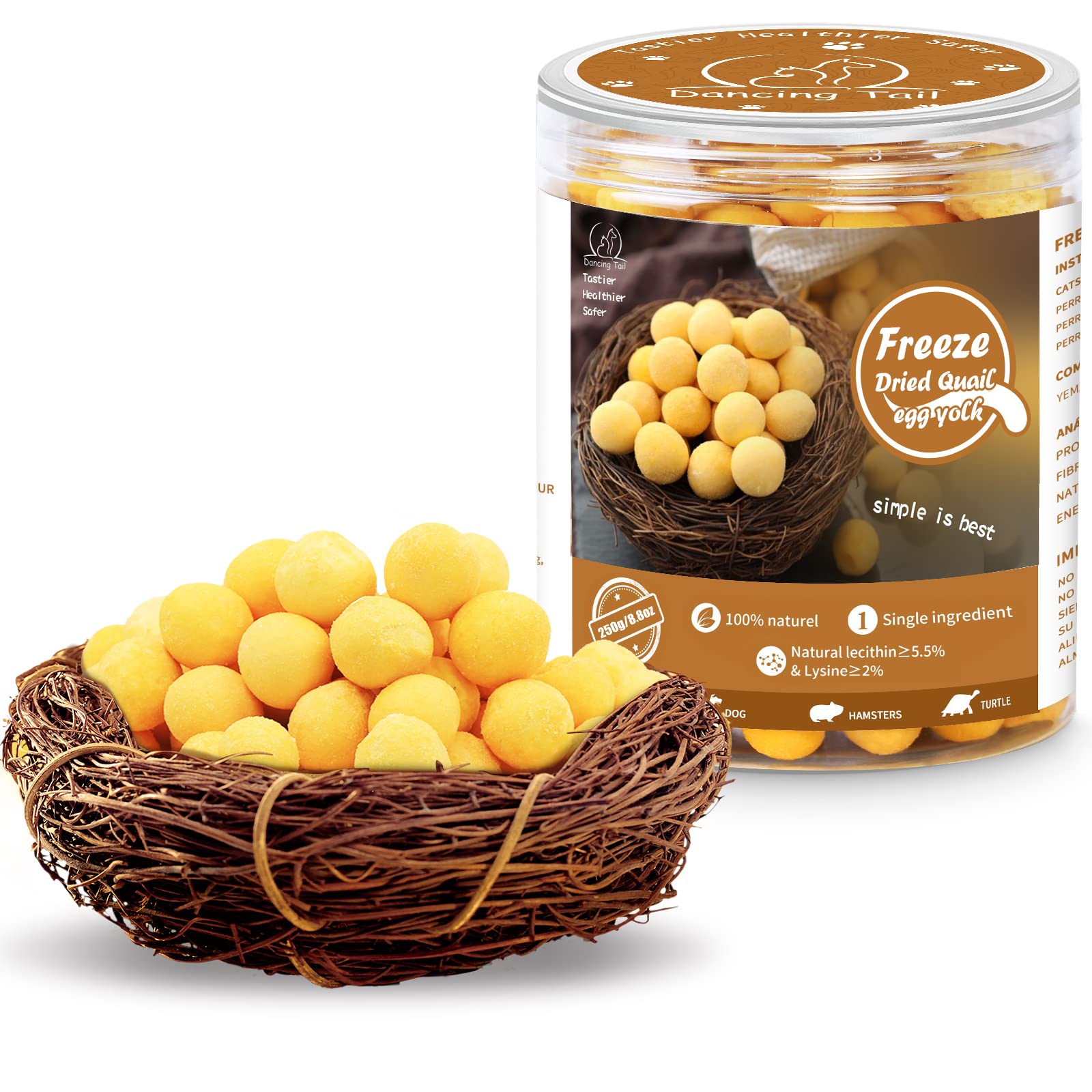 Dancing Tail freeze-dried quail egg yolk pack shot highlights natural ingredients for pet training