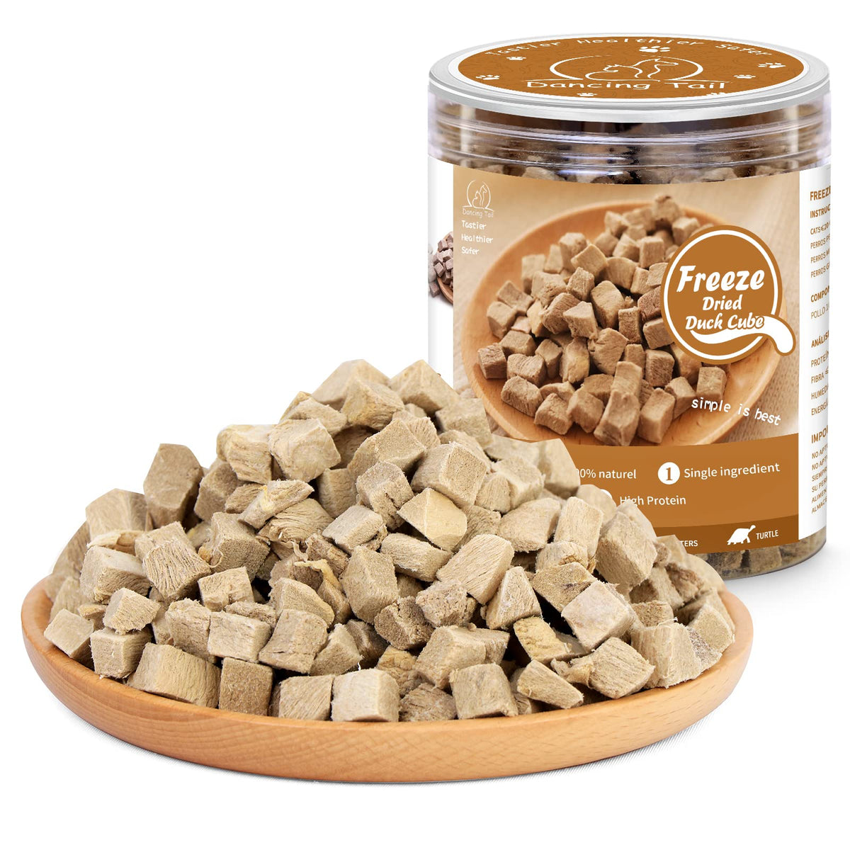 Dancing Tail packaging showing freeze-dried duck cubes with premium ingredients.