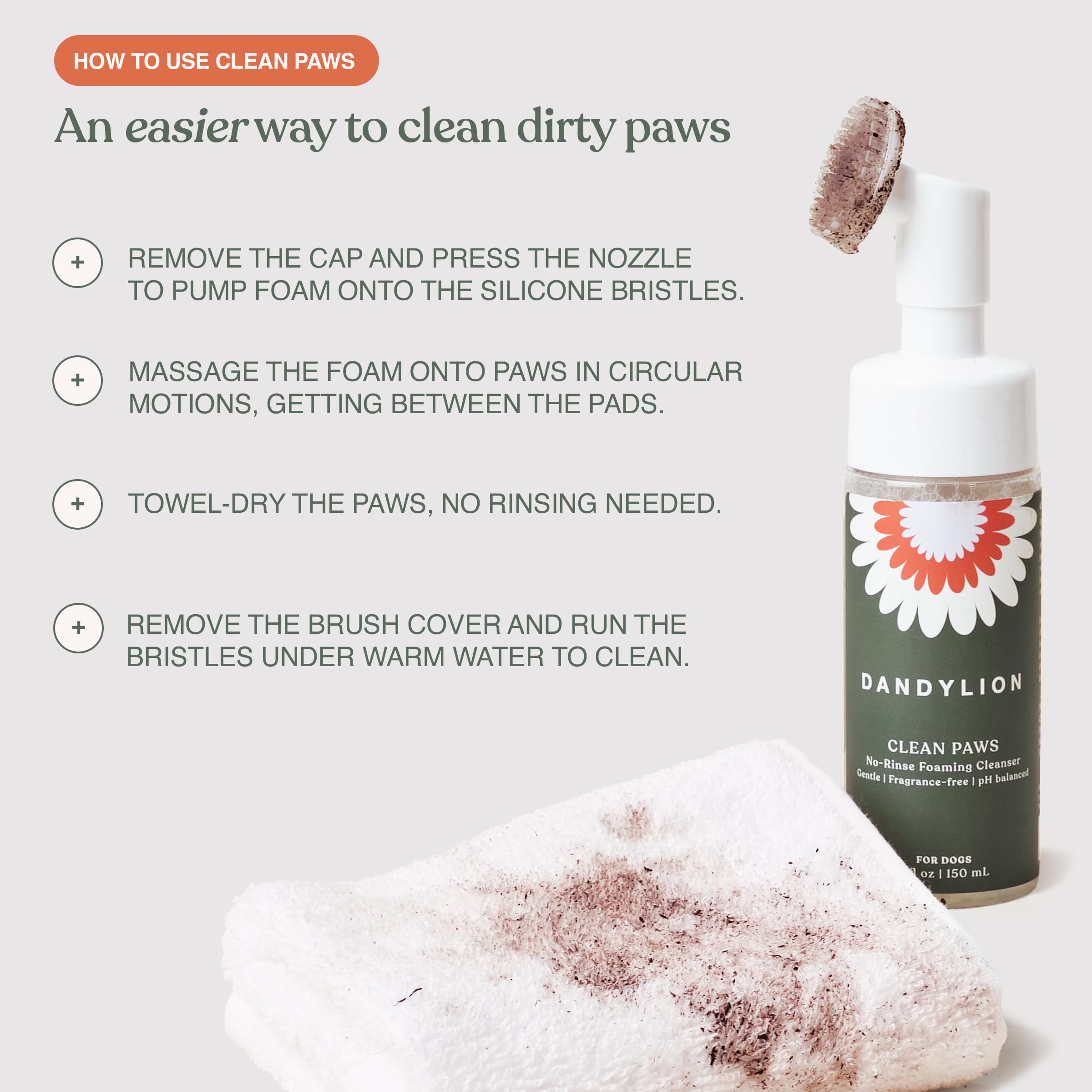 Dandylion paw no-rinse cleanser with bottle cap and foam dispense action for easy use.