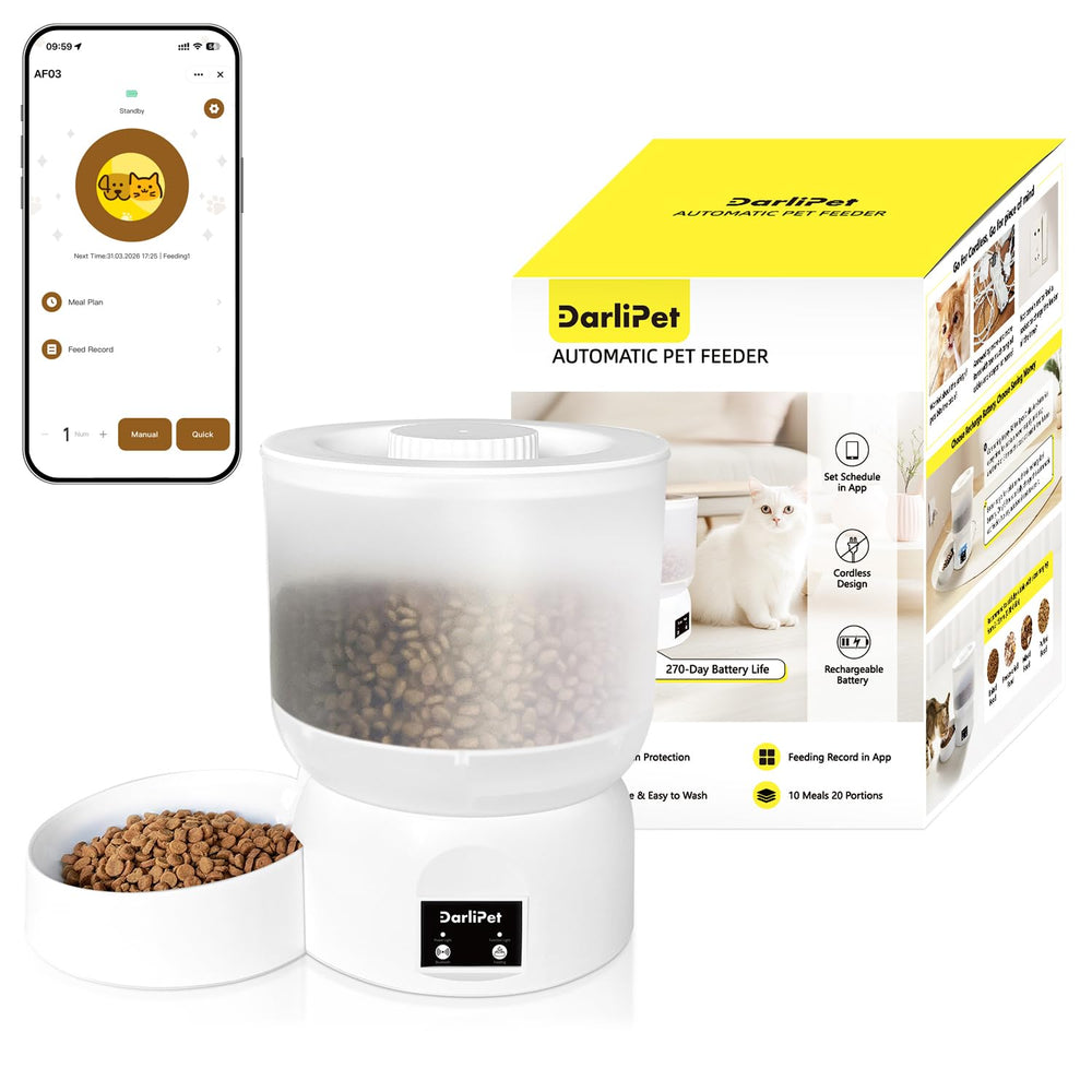 Darlipet automatic feeder with 270-day battery life for worry-free pet feeding.