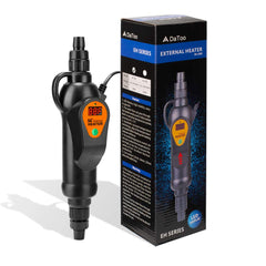 Datoo external heater in-line setup demonstrates easy canister-filter integration for stable water temperature.