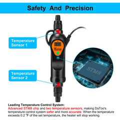 Datoo safety overheat protection highlights sensor accuracy for fish safety.
