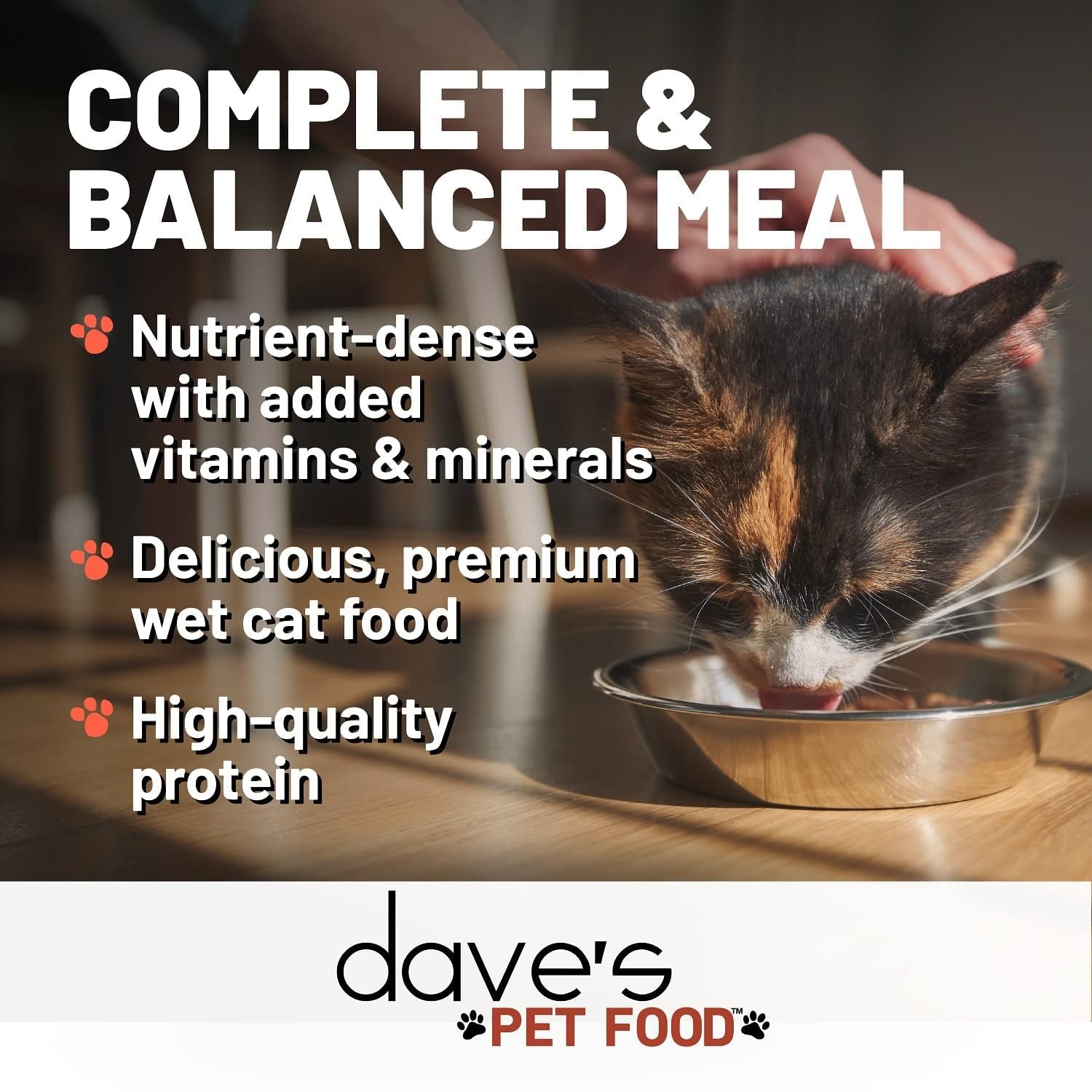 Dave's Pet Food can label shows added vitamins and minerals for balanced nutrition.