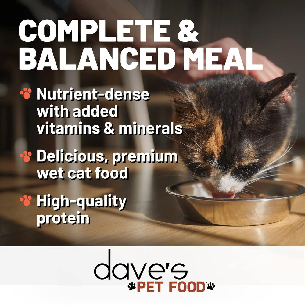 Dave's Pet Food can label shows added vitamins and minerals for balanced nutrition.
