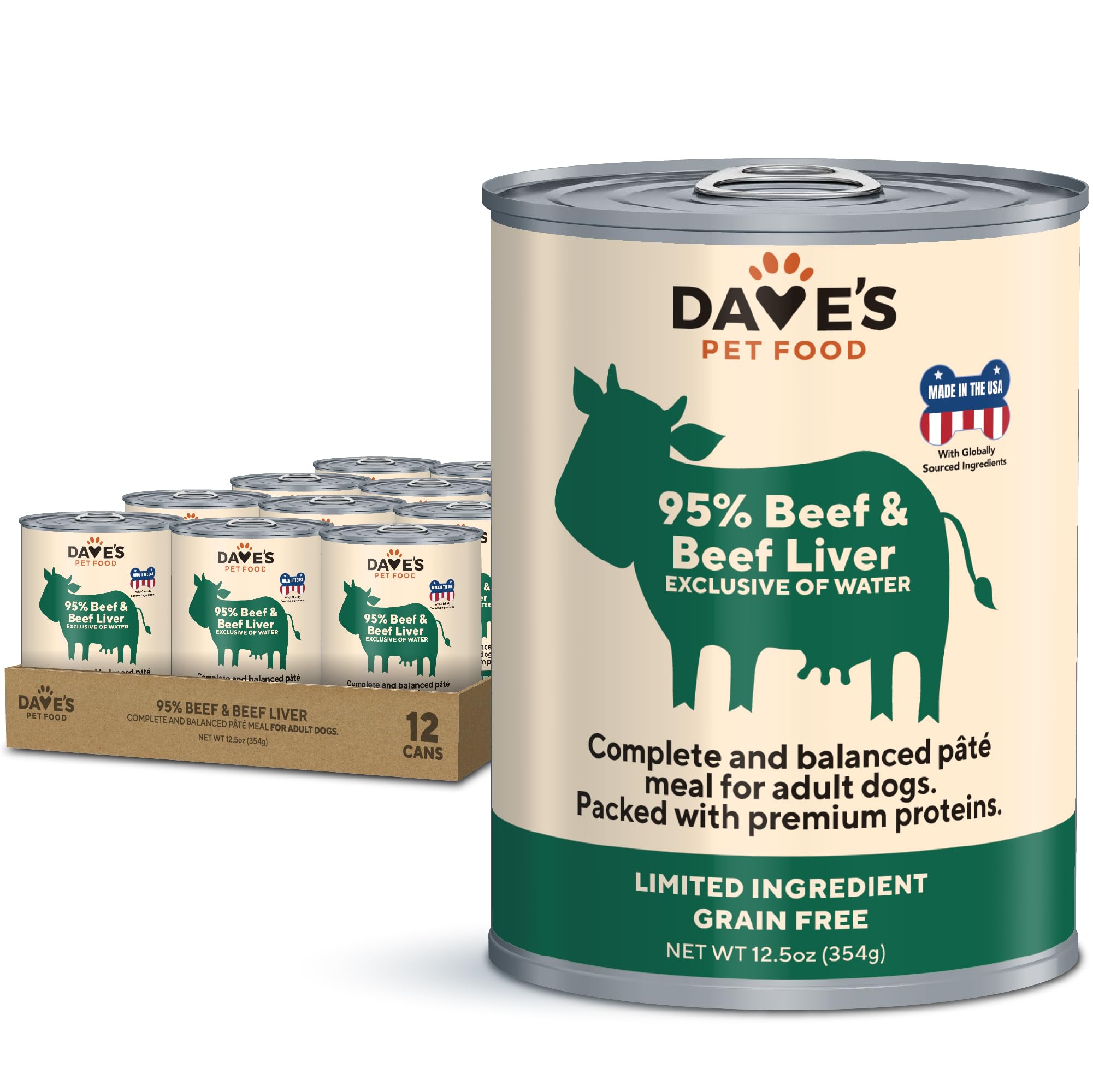 Dave's Pet Food 95% beef-liver wet dog food can shows protein-rich meal.