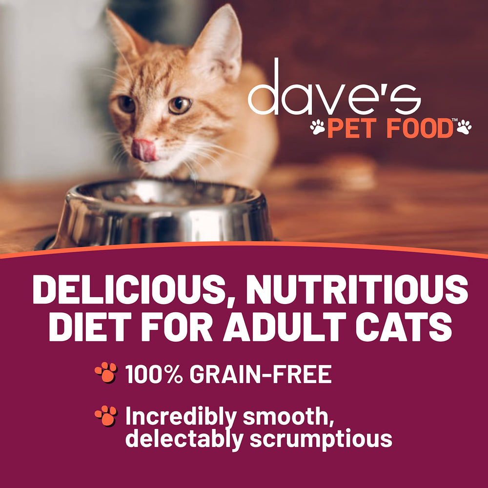 Dave's Pet Food Canada-made wet cat food can label highlighting quality ingredients.