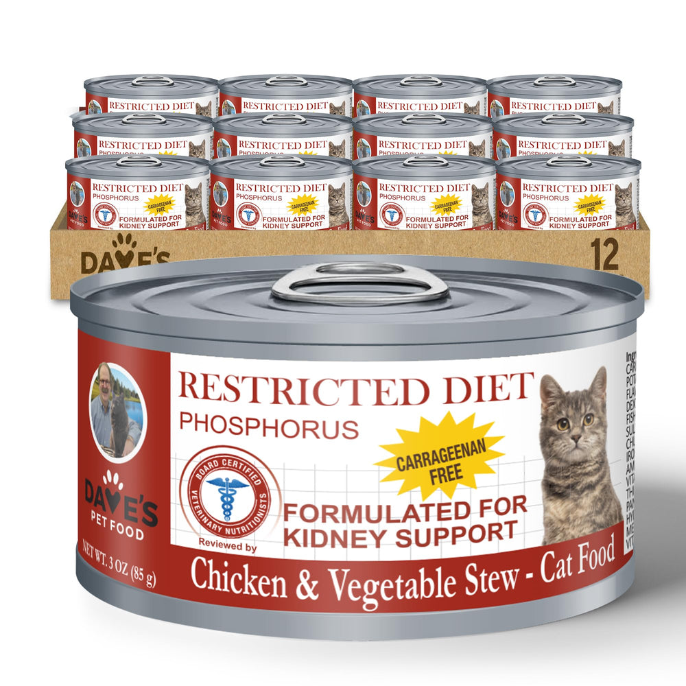 Dave's Pet Food Cat Kidney Support Chicken Stew bottle shows kidney-friendly hydration.