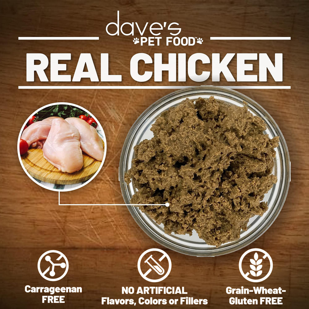 Dave's Pet Food Kidney Support chicken stew ingredient closeup shows real chicken and vegetables.