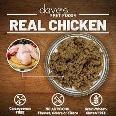Dave's Pet Food Kidney Support chicken stew ingredient closeup shows real chicken and vegetables.