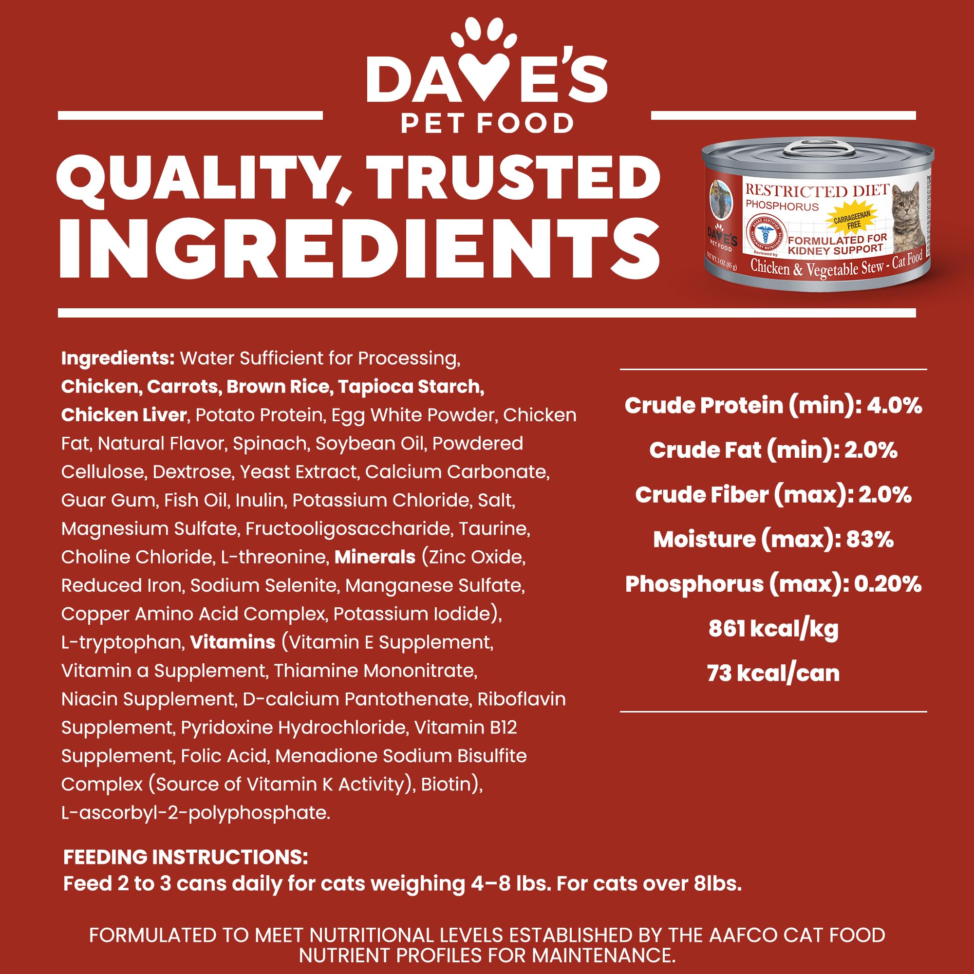 Dave's Pet Food Kidney Support nutrition panel closeup lists 22 essential vitamins.
