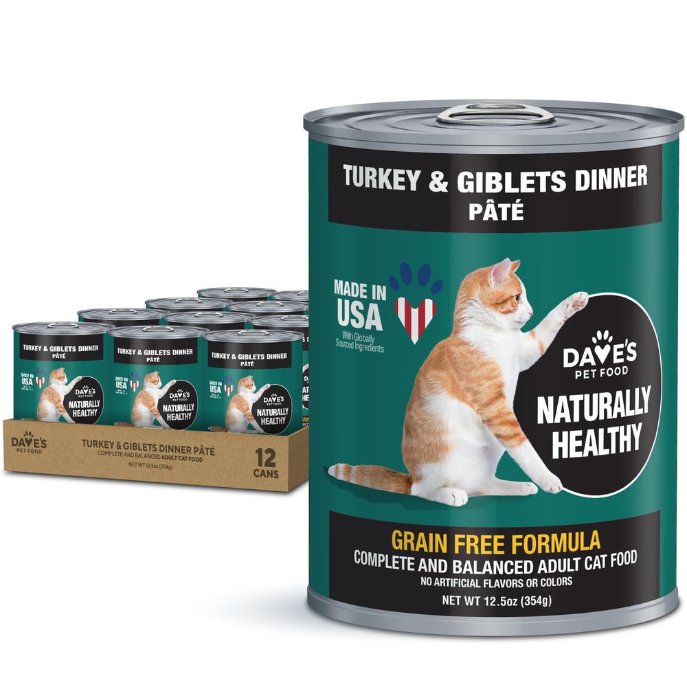 Dave's Pet Food grain-free turkey giblets pate label highlights nutrition.