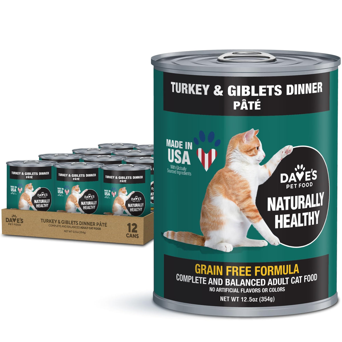 Dave's Pet Food grain-free turkey giblets pate label highlights nutrition.