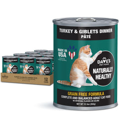 Dave's Pet Food grain-free turkey giblets pate label highlights nutrition.