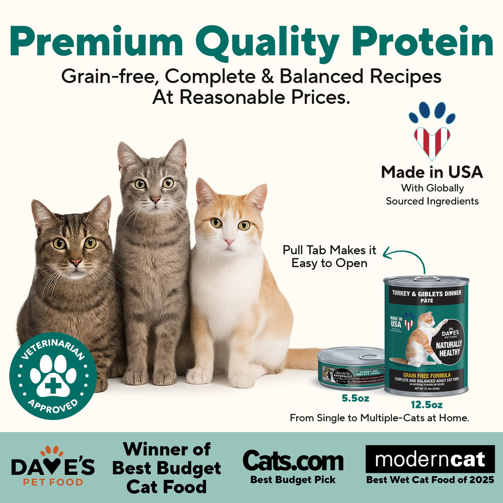 Dave's Pet Food grain-free turkey giblets pate pour-ready can for easy serving.