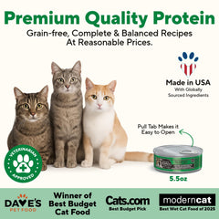 Close-up of ingredients on Dave's grain-free wet cat food highlighting simple formula