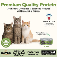 Dave's Pet Food grain-free wet cat food label with ingredients