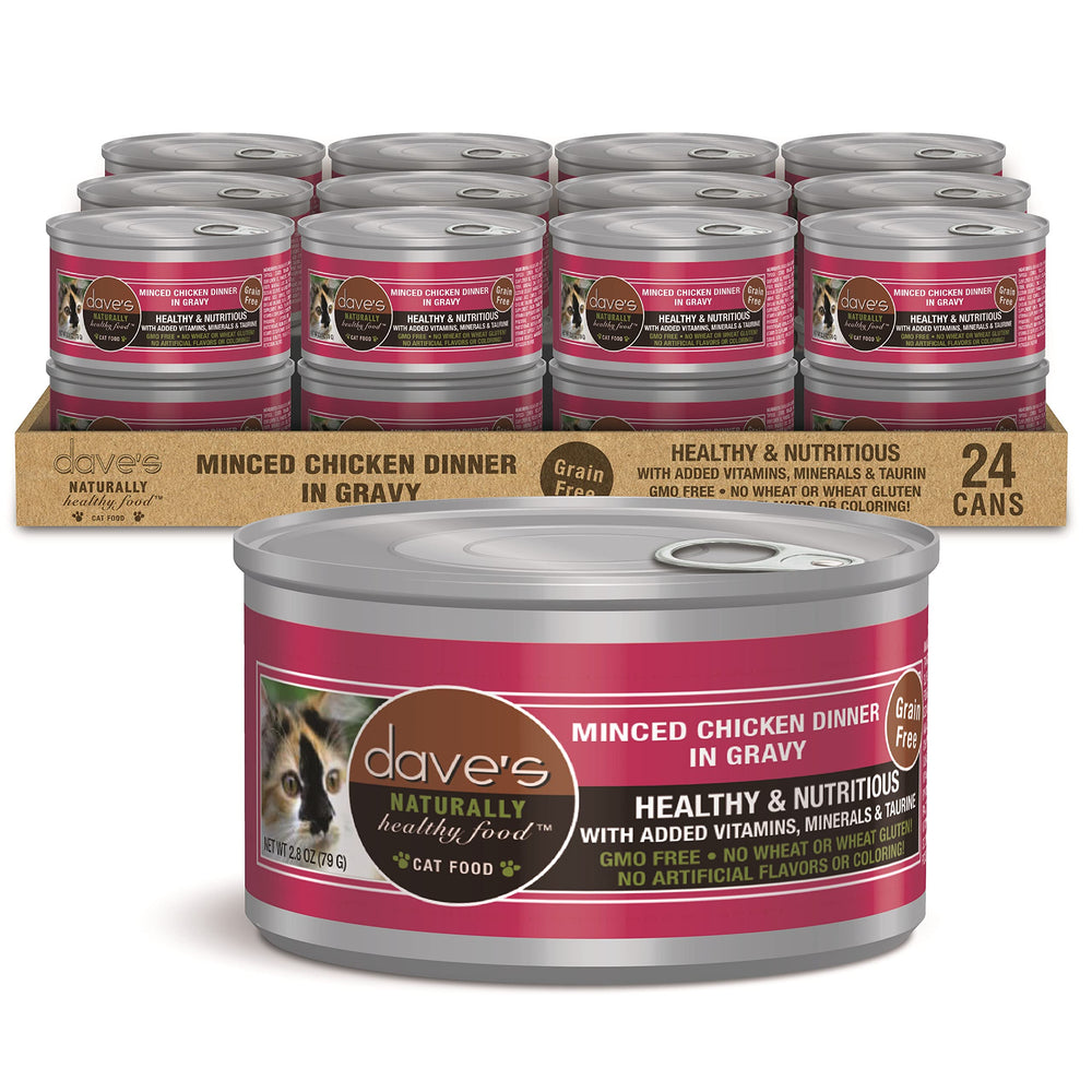 Dave's Pet Food grain-free wet cat food can with minced chicken in gravy, highlighting texture.
