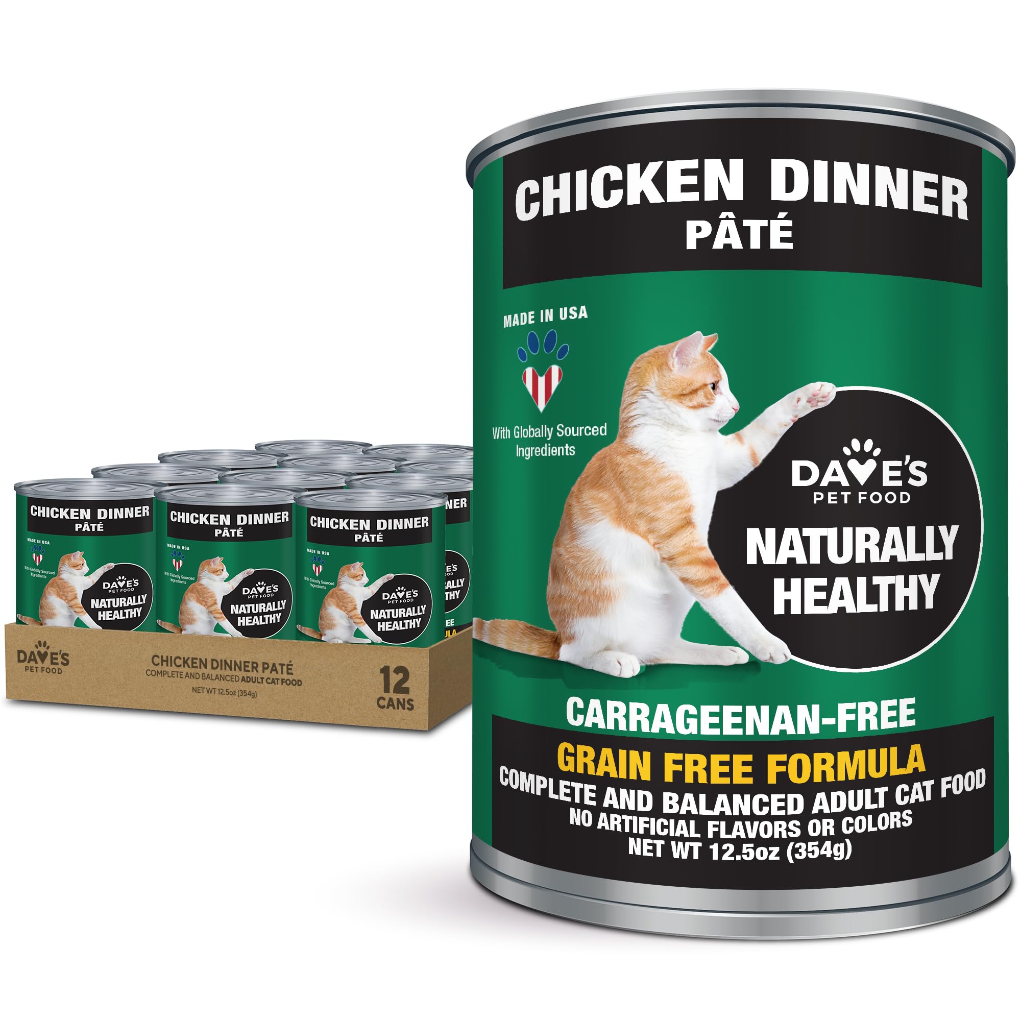 Dave's Pet Food grain-free cat pate chicken can showing rich texture for palatable meals.