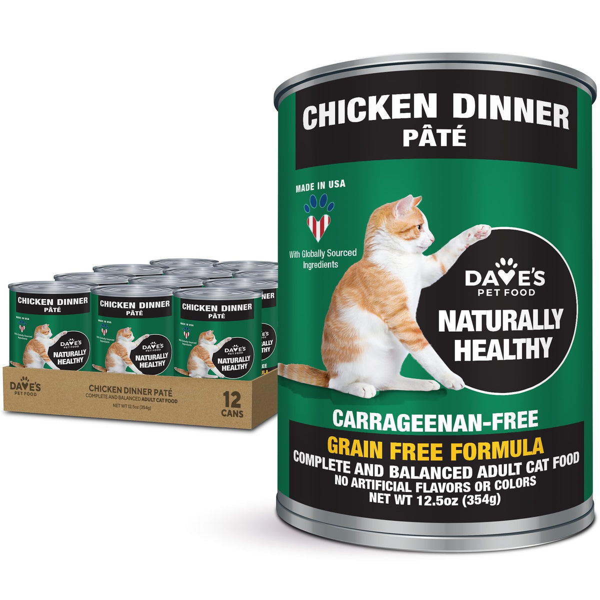 Dave's Pet Food grain-free cat pate chicken can showing rich texture for palatable meals.