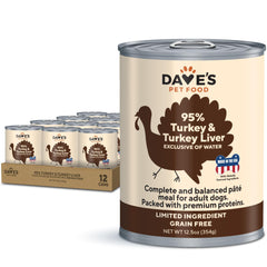 Dave's Pet Food grain-free wet dog food can with turkey meat visible for flavor