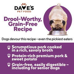 Dave’s grain-free wet pork and sweet potato can being opened to top kibble