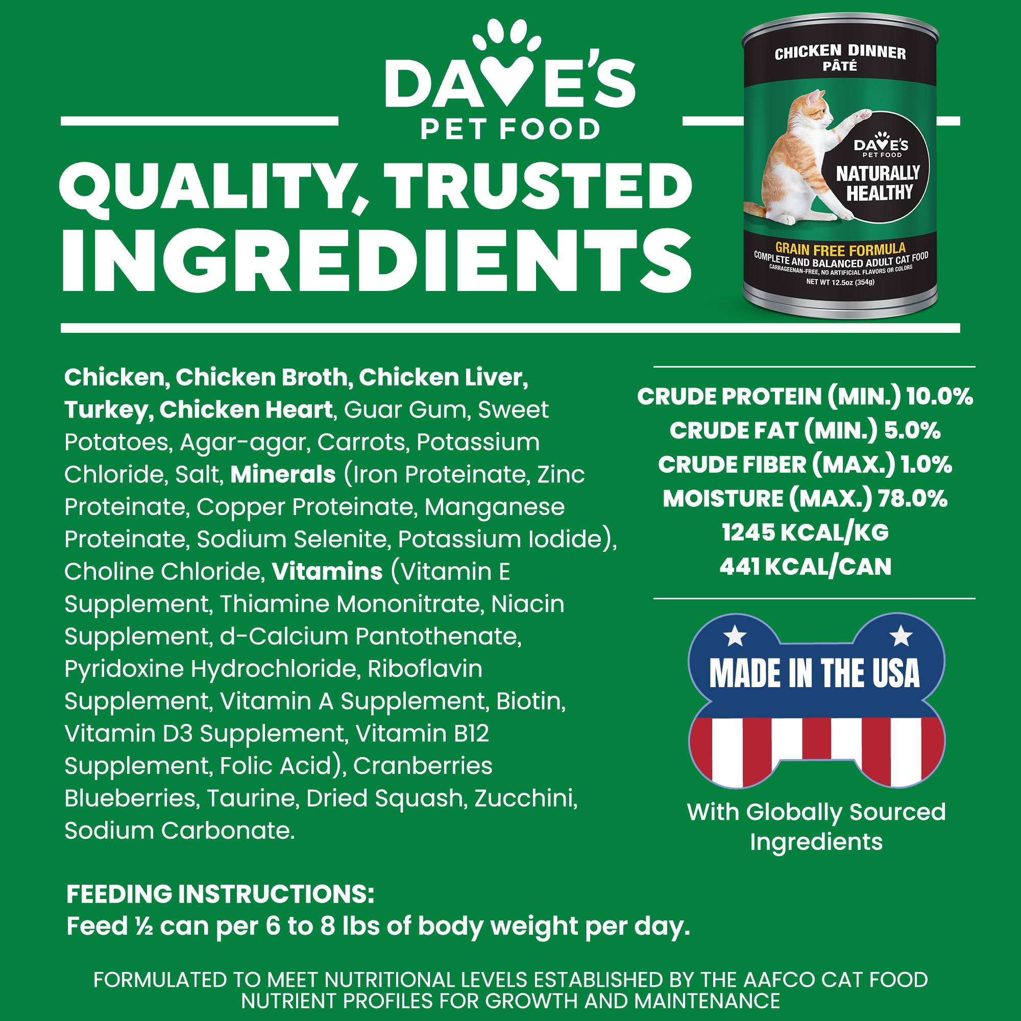 Close-up of Dave's Pet Food ingredient panel showing grain-free, no artificial additives.