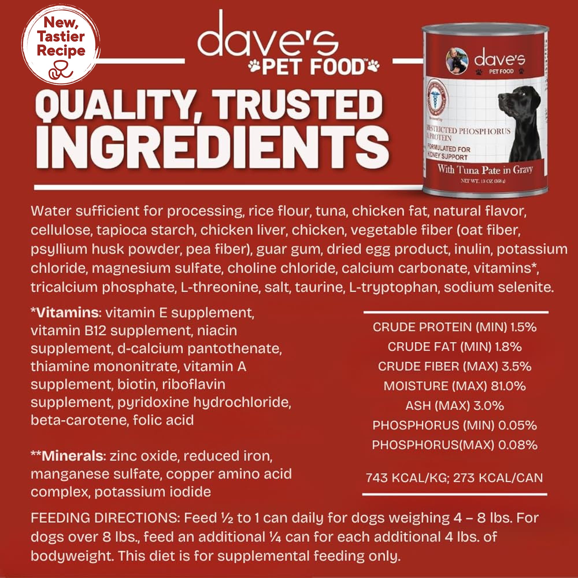 Dave's Pet Food Kidney Care Tuna Pate ingredients closeup highlights tuna and minerals.