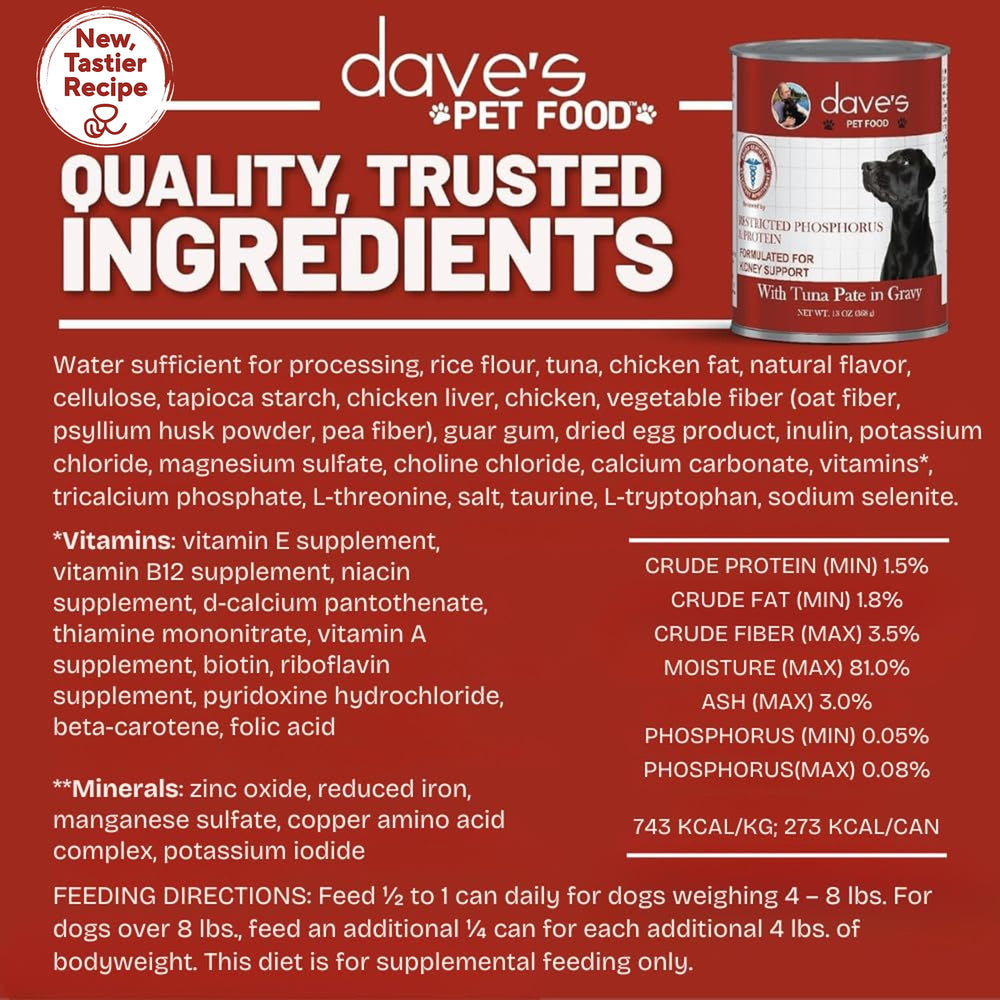 Dave's Pet Food Kidney Care Tuna Pate ingredients closeup highlights tuna and minerals.