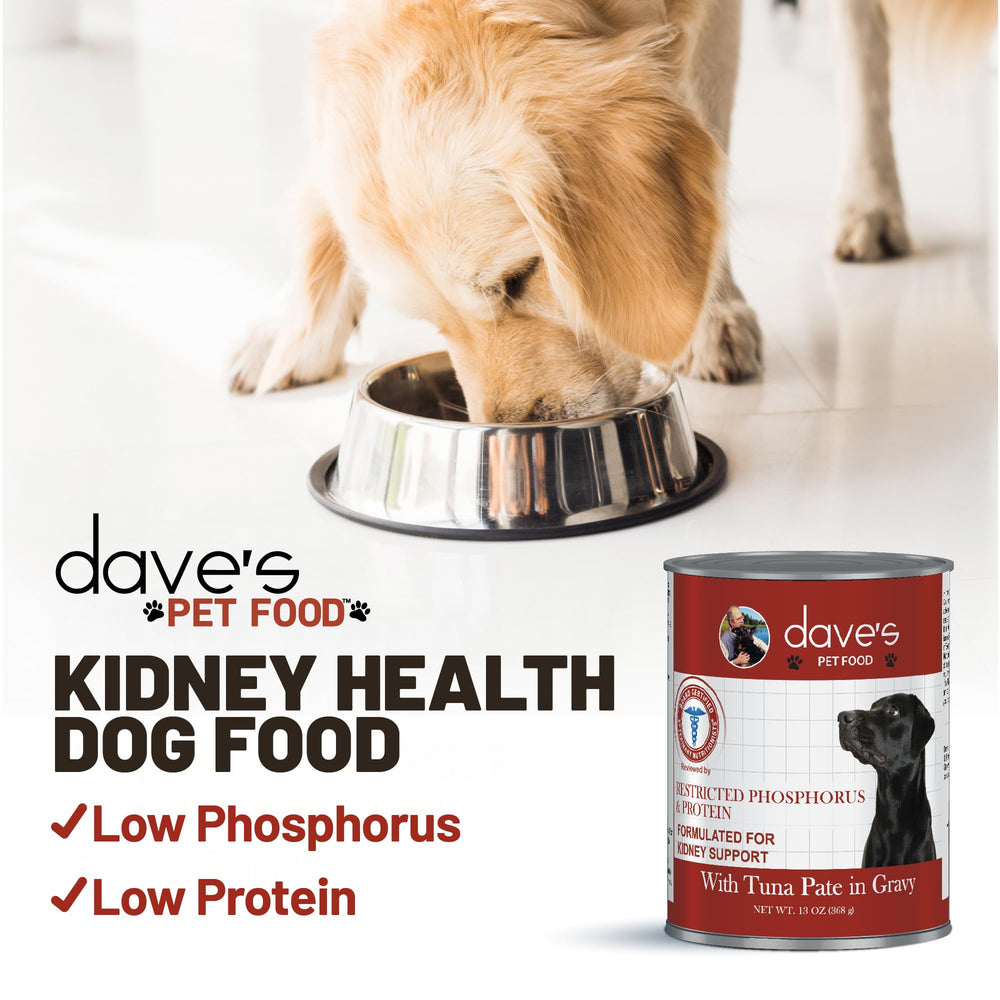 Dave's Pet Food Kidney Care Tuna Pate label lists key nutrients.