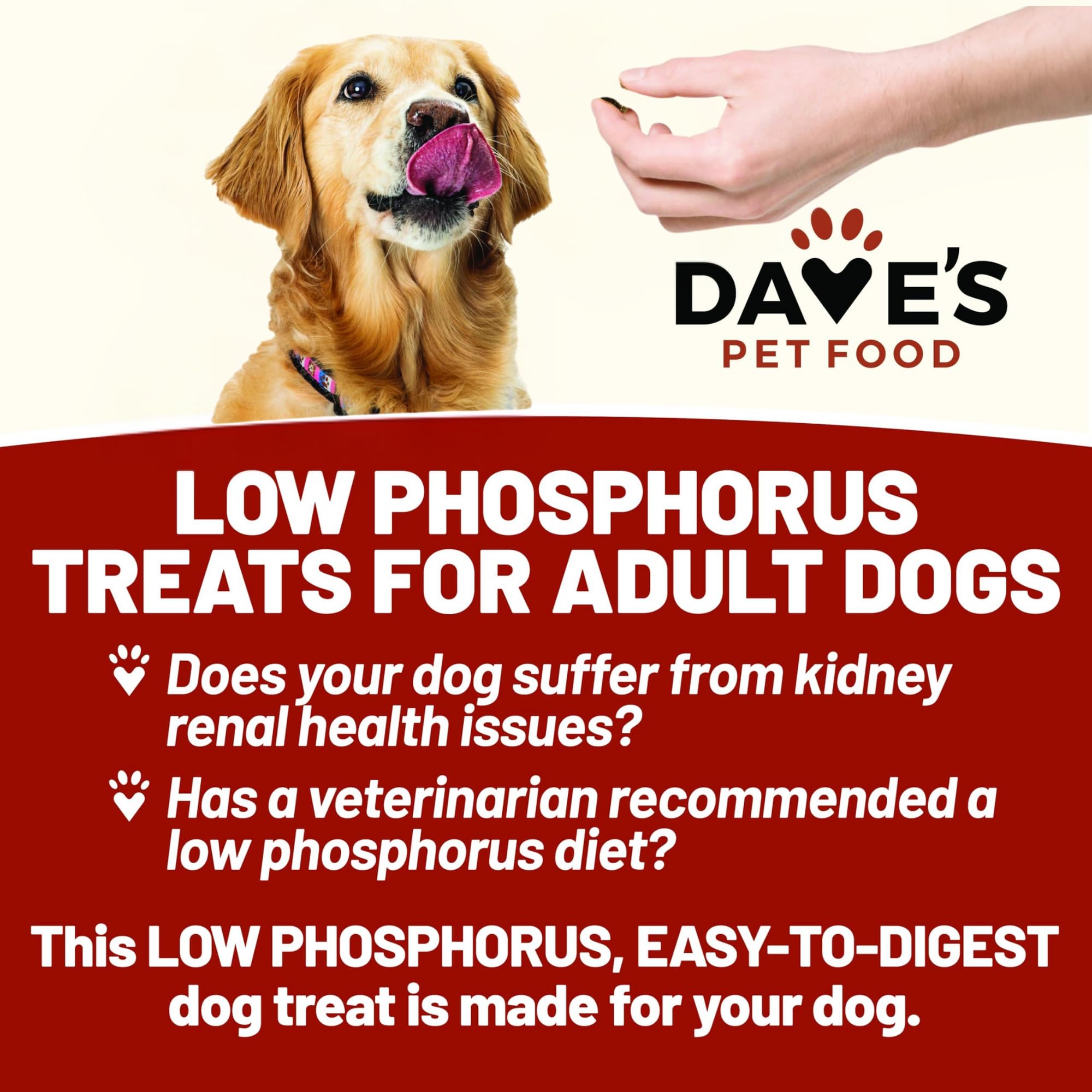 Dave's Pet Food kidney treat packaging with USA-made badge.