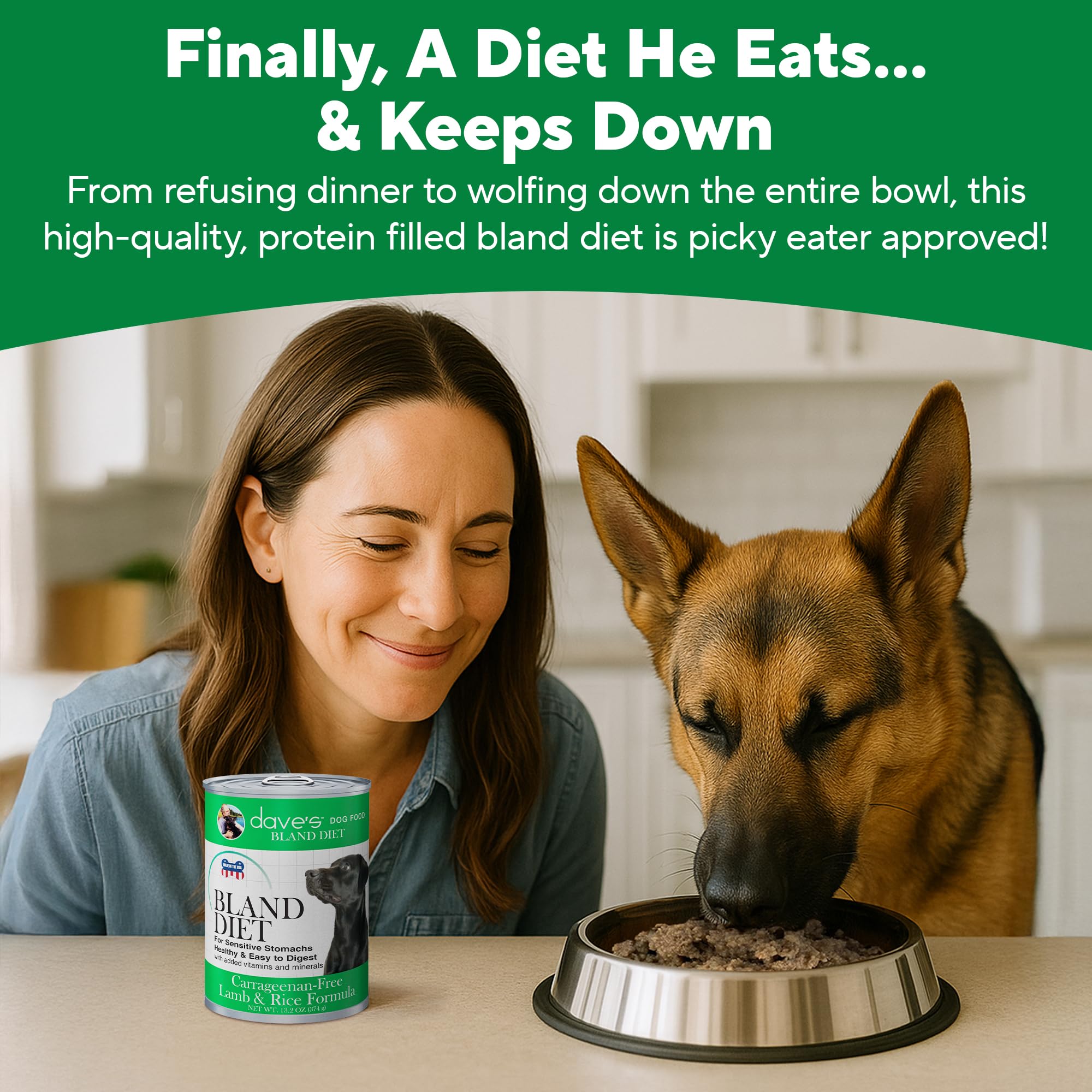 Dave's Pet Food limited ingredient lamb and white rice formula with no gluten.