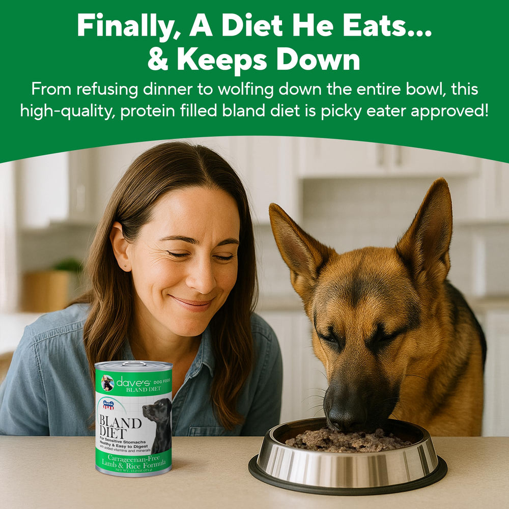 Dave's Pet Food limited ingredient lamb and white rice formula with no gluten.