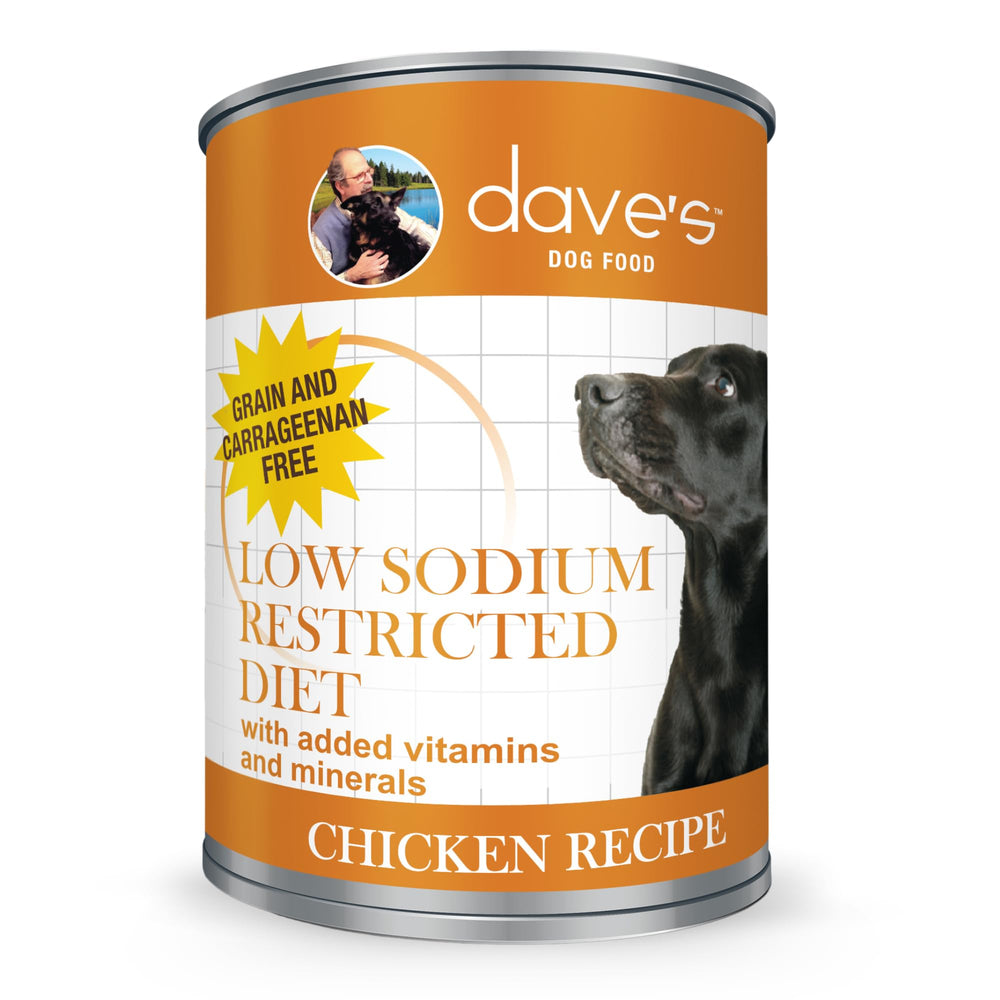 Dave's Pet Food restricted sodium diet chicken pate case of 12 cans stacked.