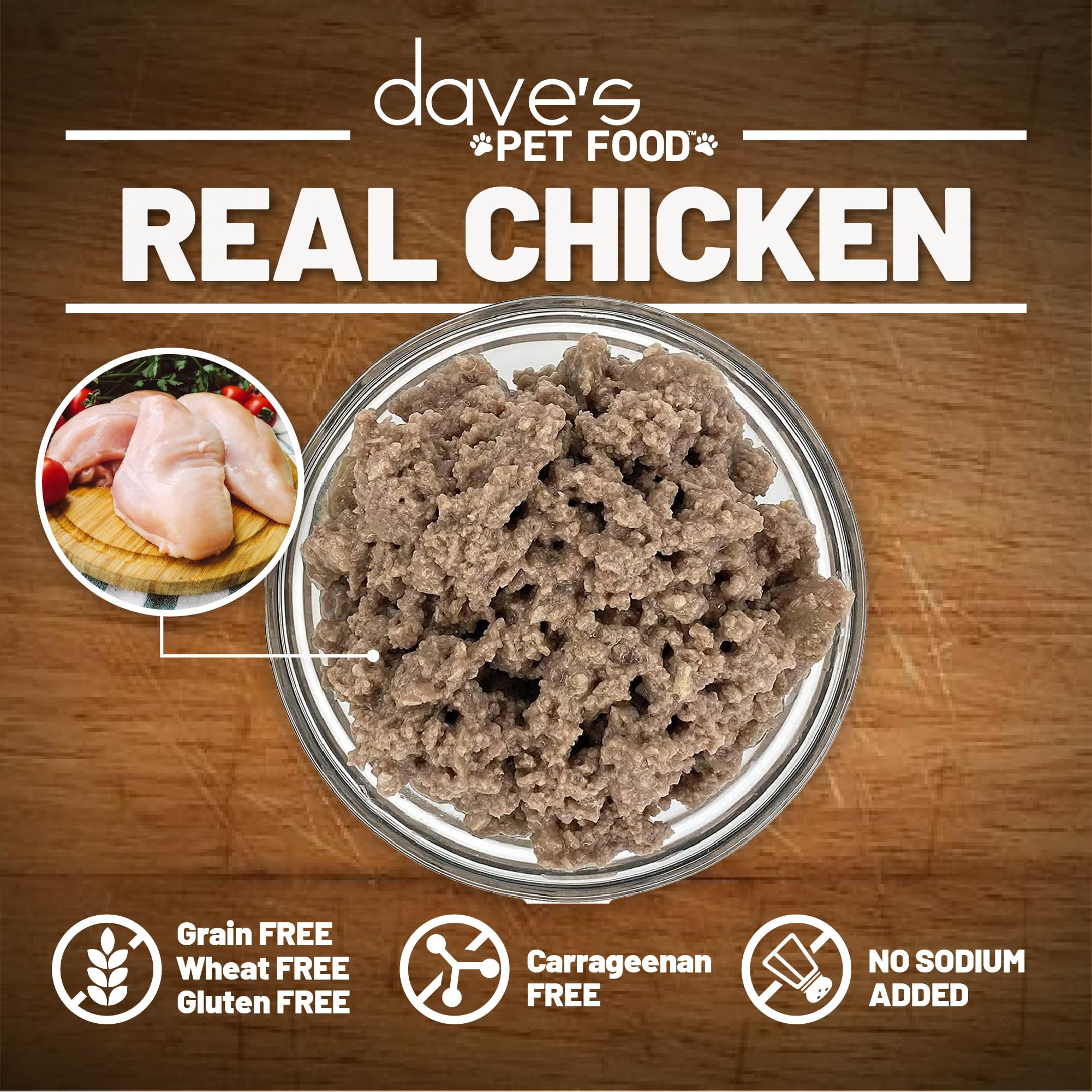Dave's Pet Food restricted sodium diet chicken pate nutrition facts panel with vitamins and minerals.