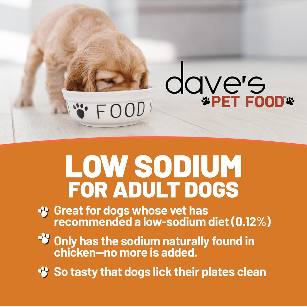 Dave's Pet Food restricted sodium diet chicken pate serving bowl for easy meals.