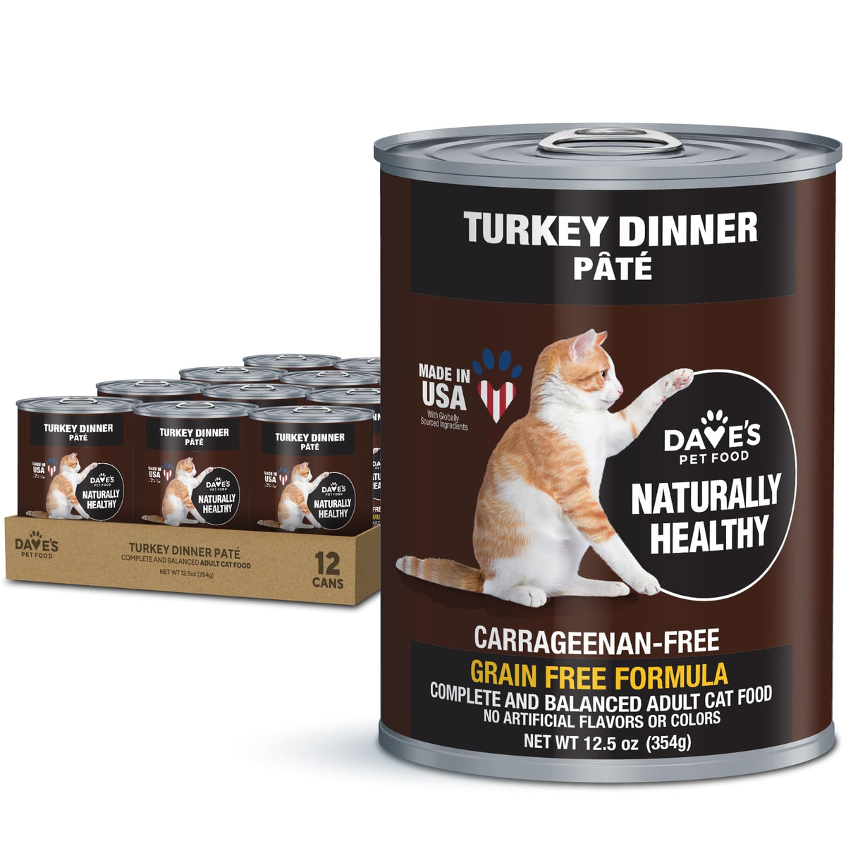 Dave's Pet Food turkey wet cat food can highlighting grain-free formula for hydration.
