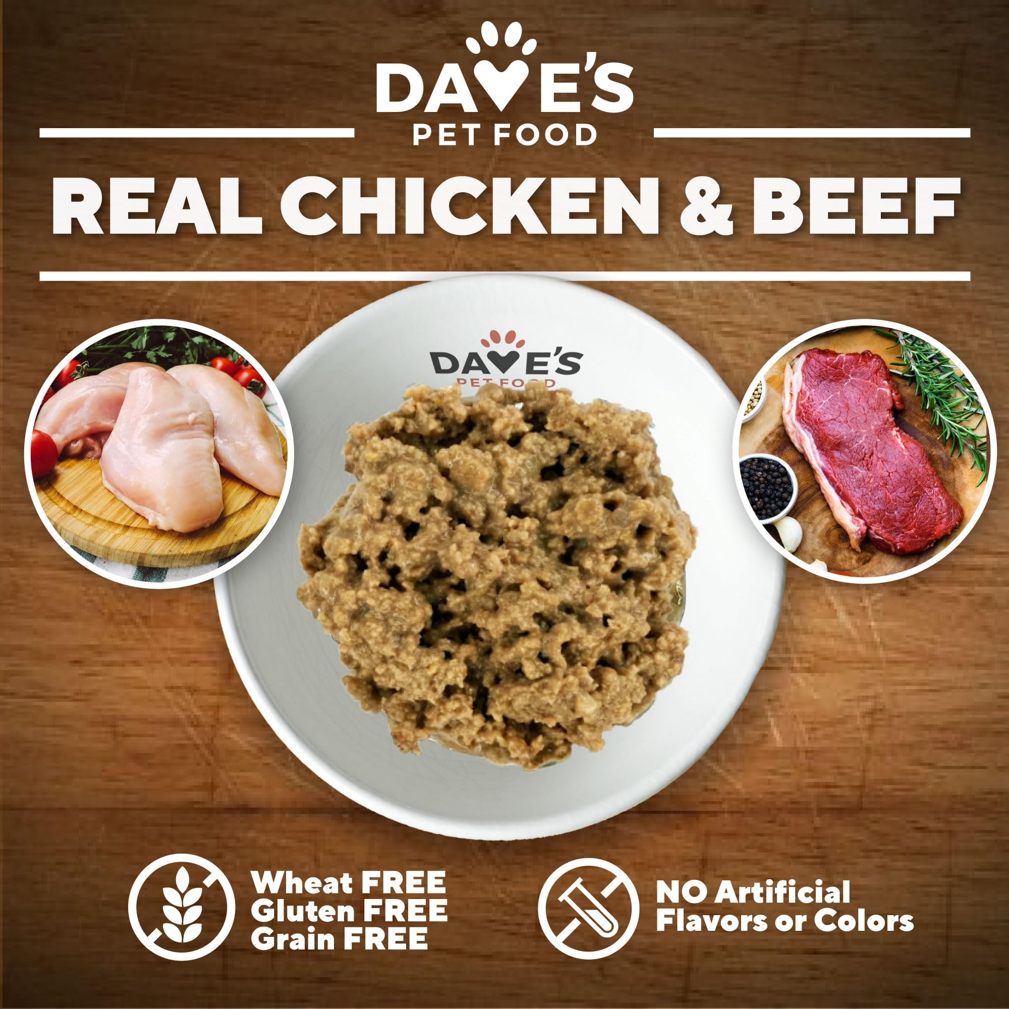 Gluten-free badge on Dave's Pet Food chicken-beef wet food