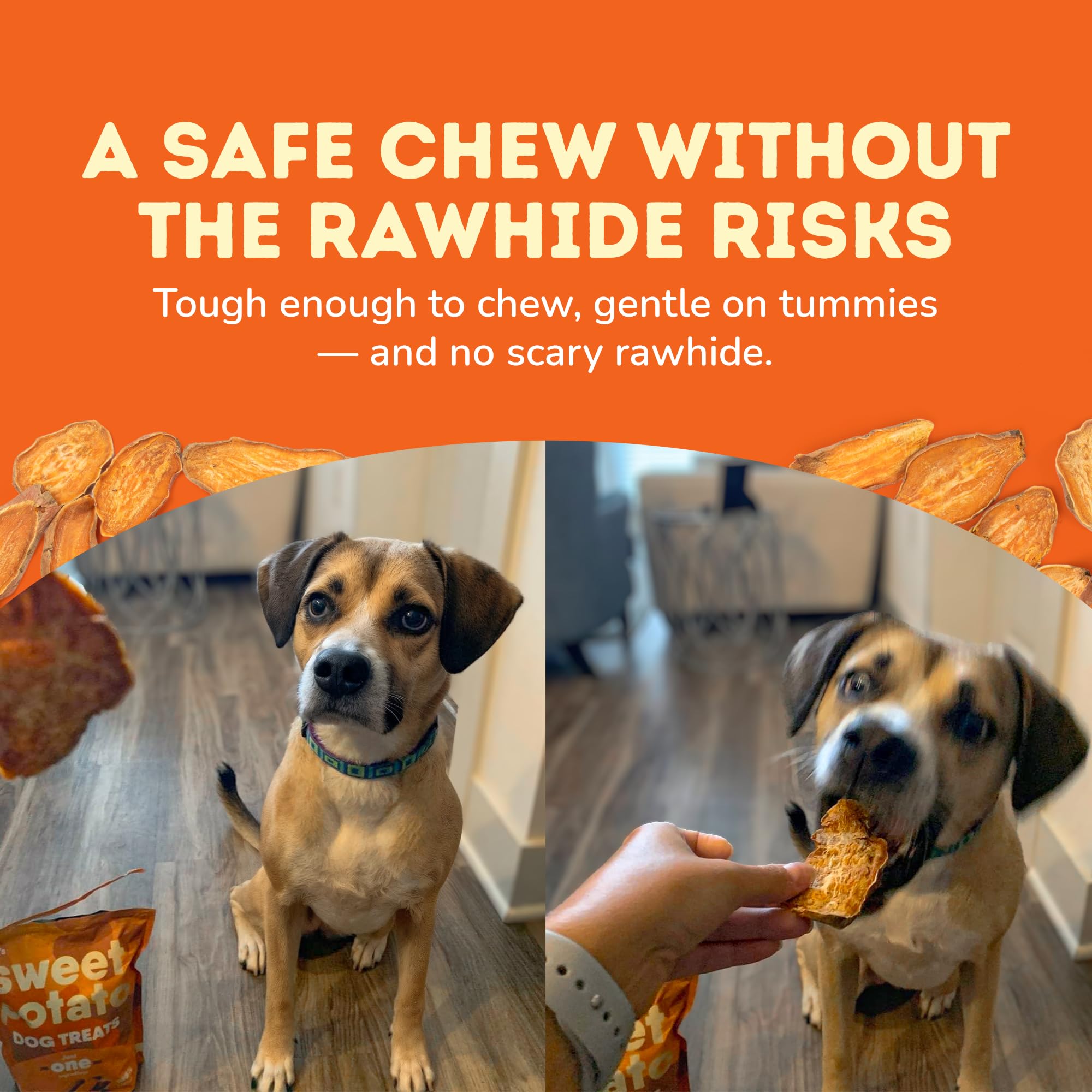 Davie's Naturals dehydrated sweet potato chews with a chewy texture.