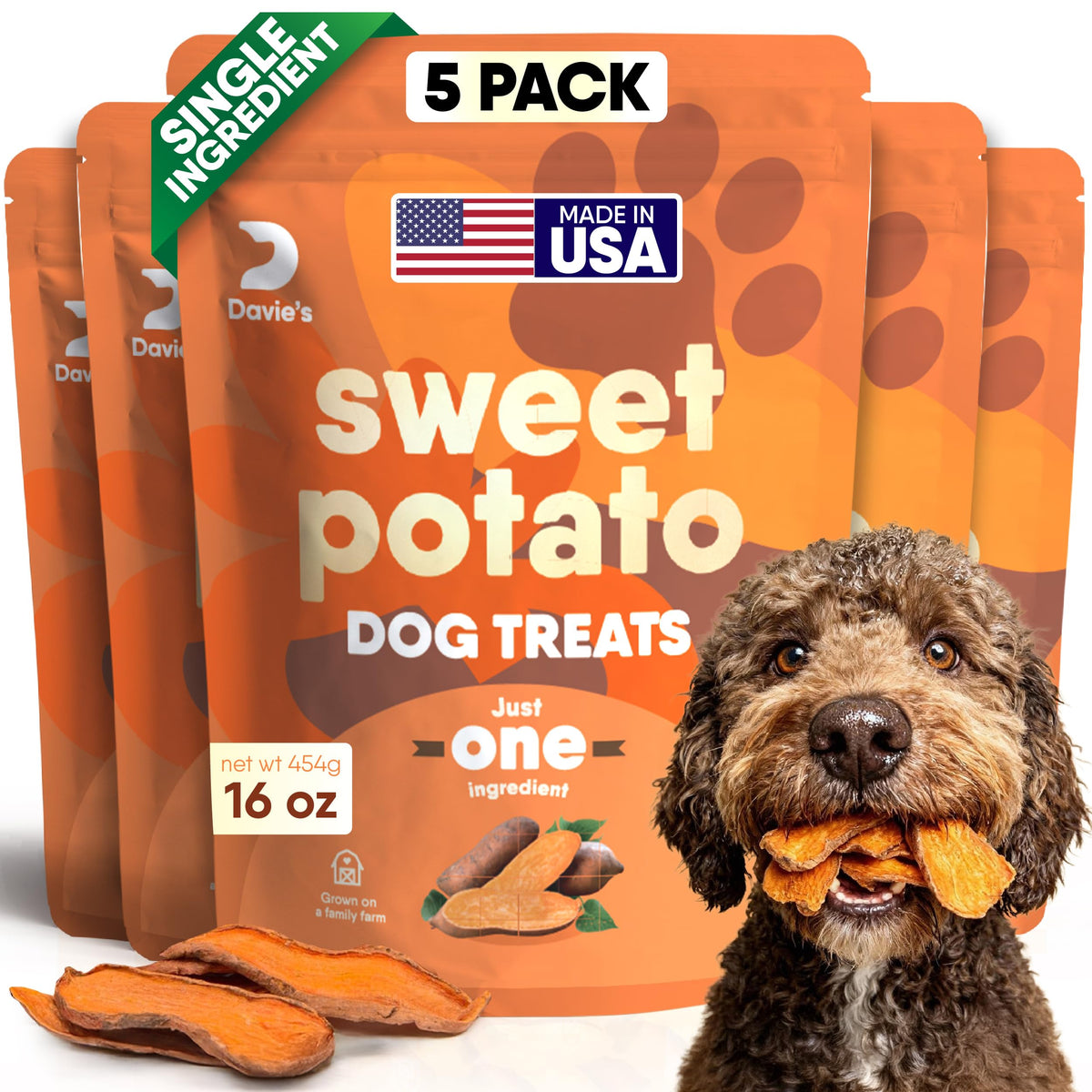 Davie's Naturals sweet potato dog treats bag closeup showing natural ingredients