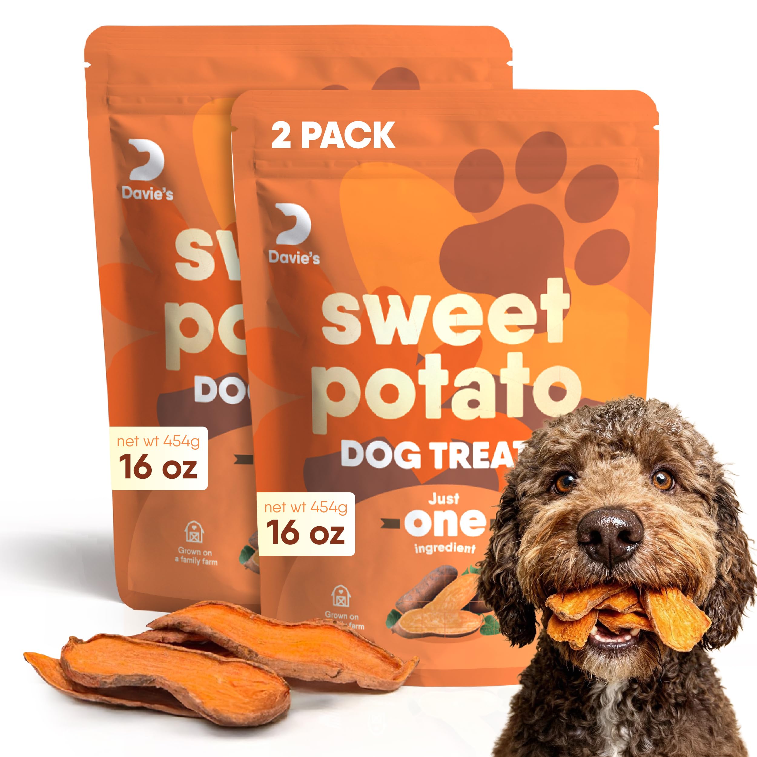 Davie's Naturals sweet potato dog treats in a 1 lb bag, perfect wholesome rewards.