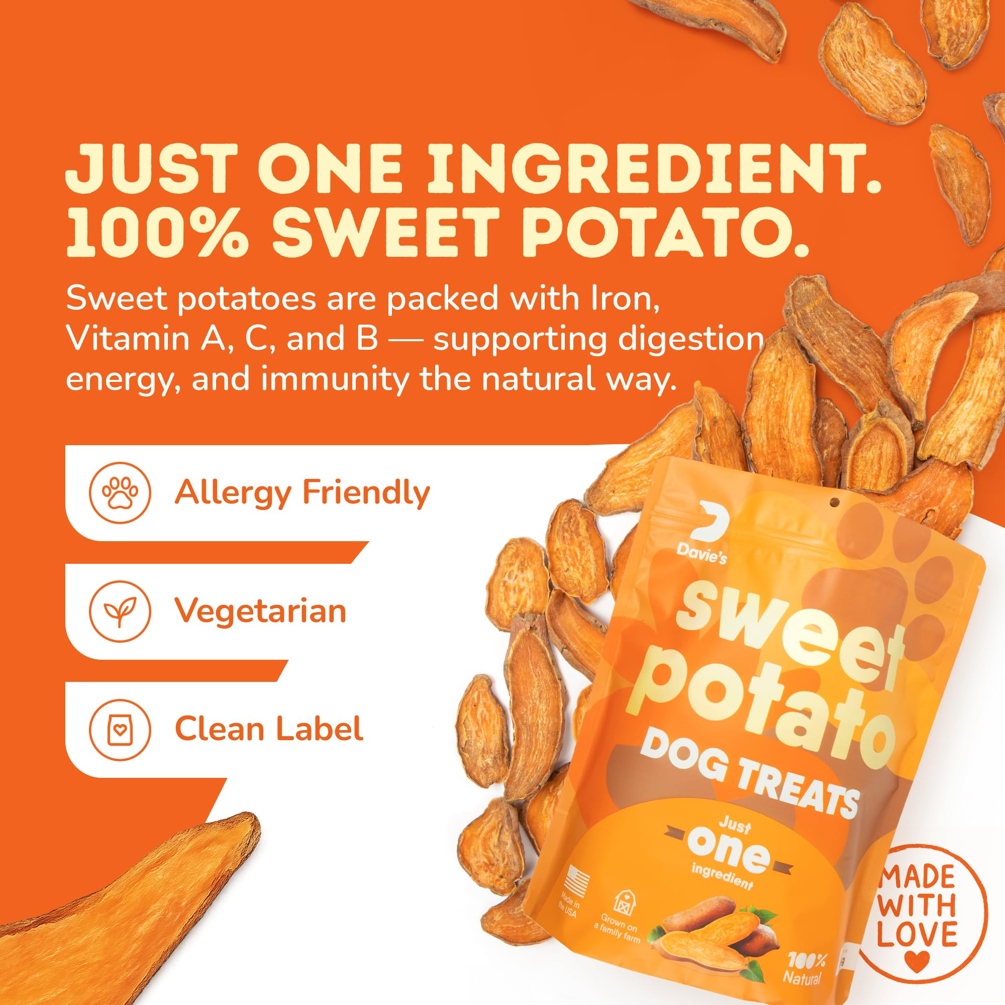 Davie's Naturals Sweet Potato Dog Treats close-up chews reveal natural texture and low-fat appeal.