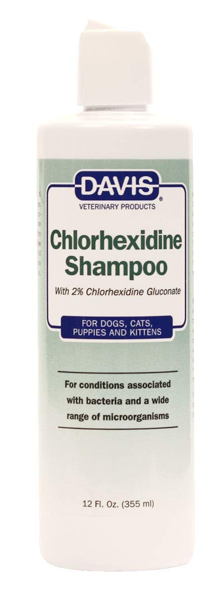 Davis Chlorhexidine pet shampoo bottle showing 2% formula for healthy skin and coat.
