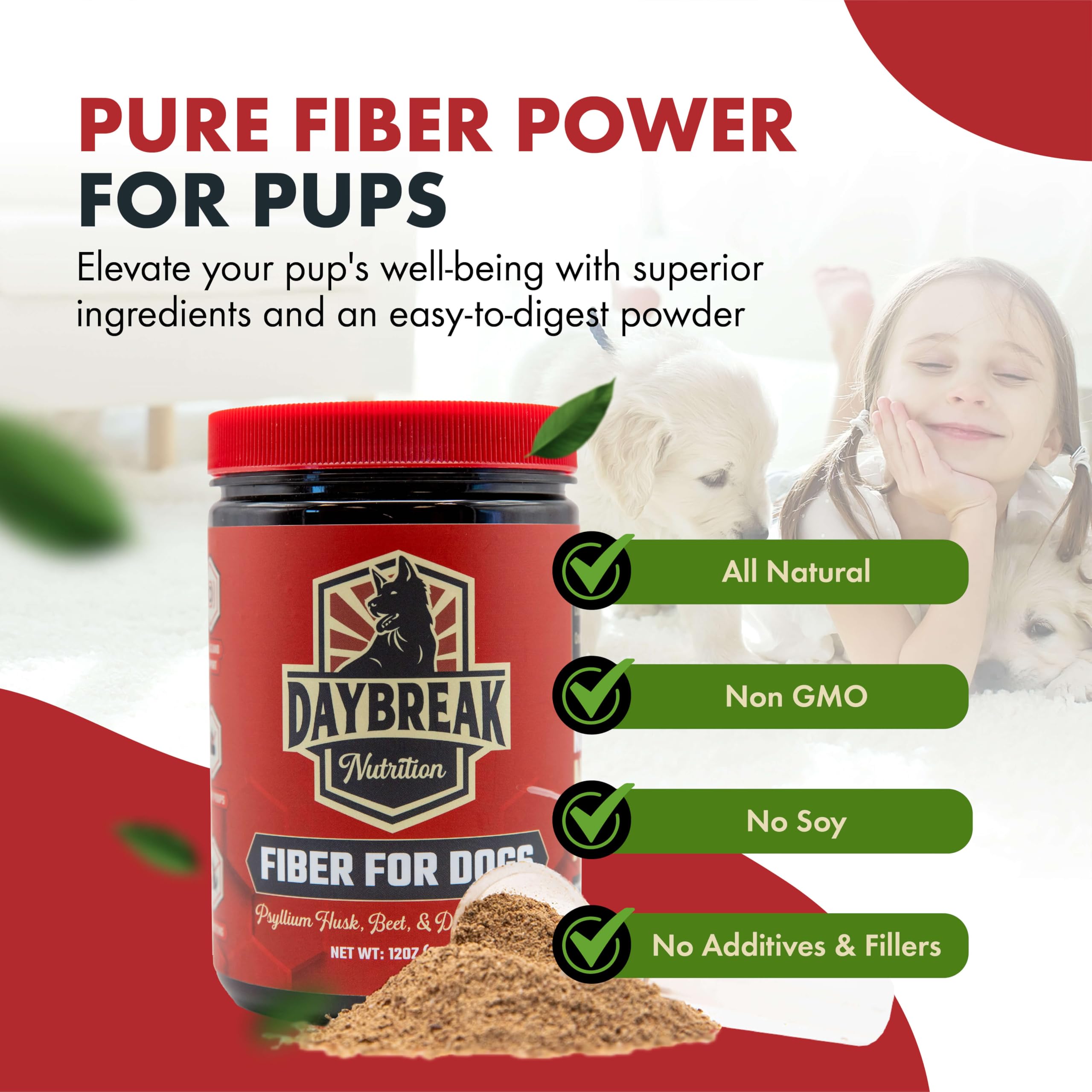 Daybreak Nutrition Fiber for Dogs beef liver powder visible for savory flavor and enrichment.