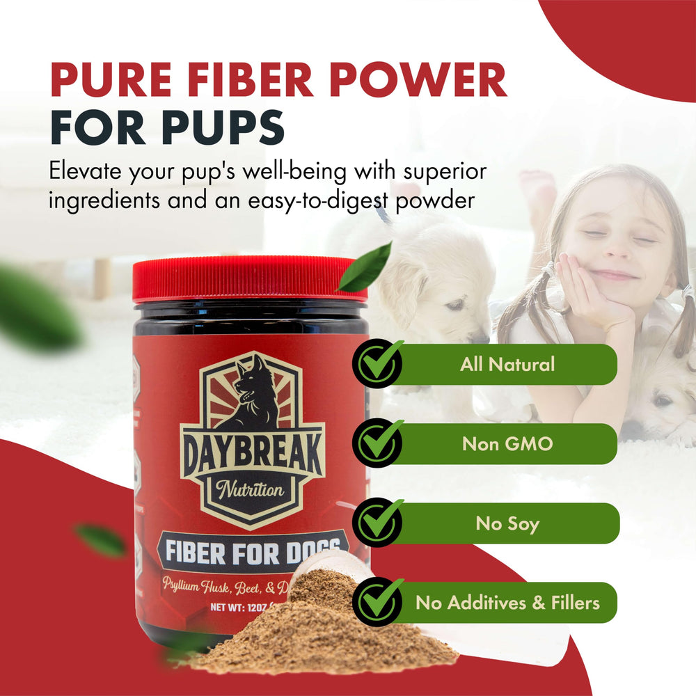 Daybreak Nutrition Fiber for Dogs beef liver powder visible for savory flavor and enrichment.